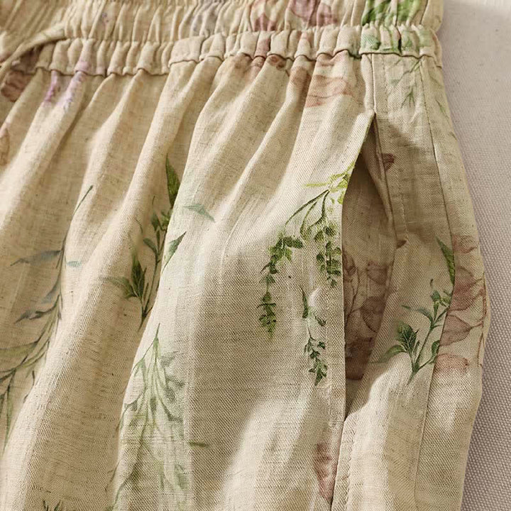Buddha Stones Pantalones cortos de estilo bohemio con cordón ajustable y estampado floral de hojas, ideales para primavera y verano. Pantalones harem para mujer con bolsillos. - image 8