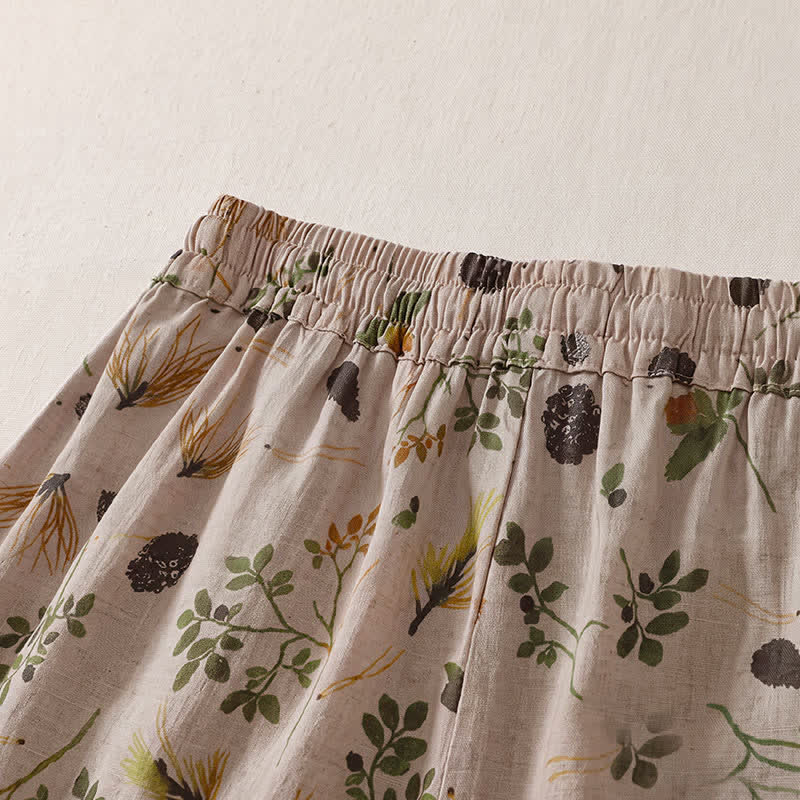 Buddha Stones Pantalones cortos de estilo bohemio con cordón ajustable y estampado floral de hojas, ideales para primavera y verano. Pantalones harem para mujer con bolsillos. - image 2