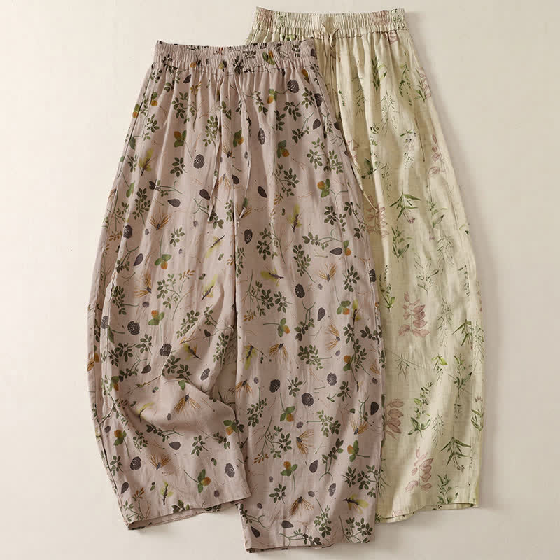 Buddha Stones Pantalones cortos de estilo bohemio con cordón ajustable y estampado floral de hojas, ideales para primavera y verano. Pantalones harem para mujer con bolsillos. - image 11