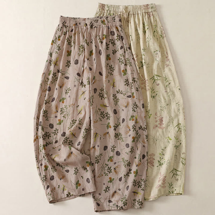 Buddha Stones Pantalones cortos de estilo bohemio con cordón ajustable y estampado floral de hojas, ideales para primavera y verano. Pantalones harem para mujer con bolsillos. - image 11