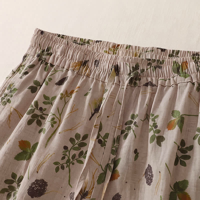 Buddha Stones Pantalones cortos de estilo bohemio con cordón ajustable y estampado floral de hojas, ideales para primavera y verano. Pantalones harem para mujer con bolsillos. - image 1