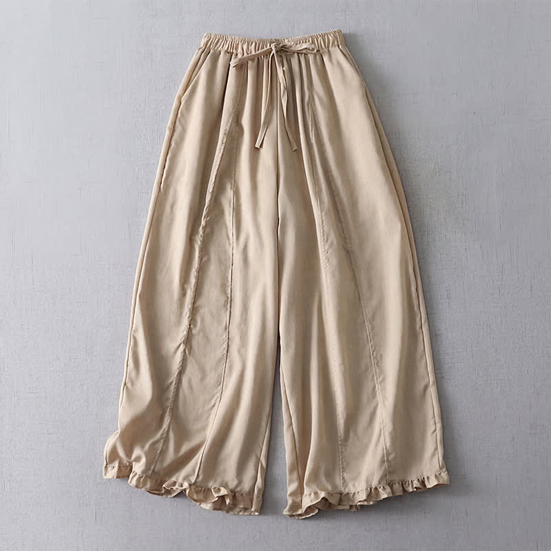 Buddha Stones Pantalones casuales minimalistas de primavera/verano con cordón ajustable, color liso, corte cropped, puños plisados, pantalones de pierna ancha para mujer con bolsillos. - Broncearse - US8-10, UK/AU12-14, EU40-42 (2XL) - image 0