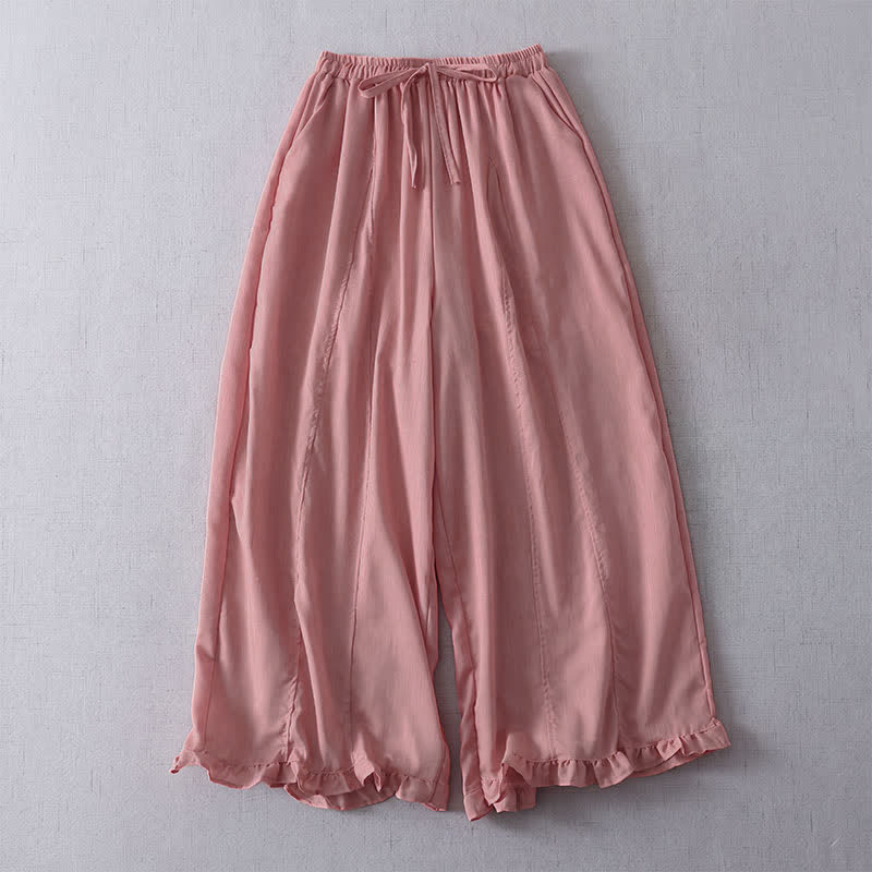 Buddha Stones Pantalones casuales minimalistas de primavera/verano con cordón ajustable, color liso, corte cropped, puños plisados, pantalones de pierna ancha para mujer con bolsillos. - Rojo violeta pálido - US8-10, UK/AU12-14, EU40-42 (2XL) - image 1