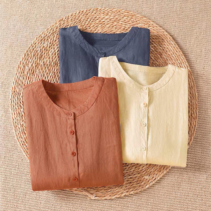 Buddha Stones Camisas de manga tres cuartos lisas, estilo casual de verano, con botones y diseño minimalista para mujer. - image 13