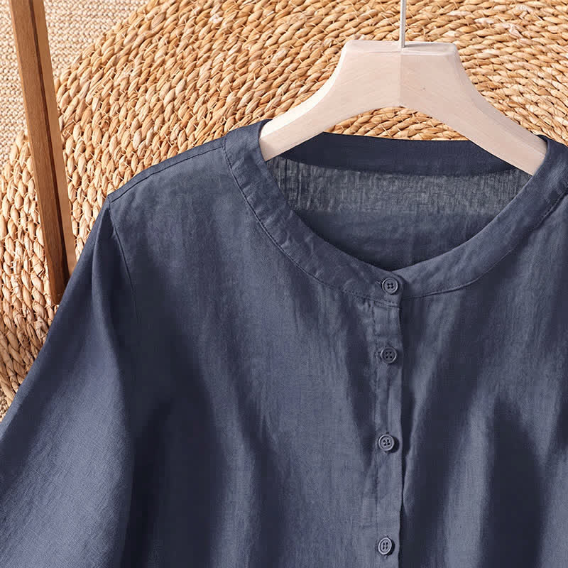 Buddha Stones Camisas de manga tres cuartos lisas, estilo casual de verano, con botones y diseño minimalista para mujer. - image 5