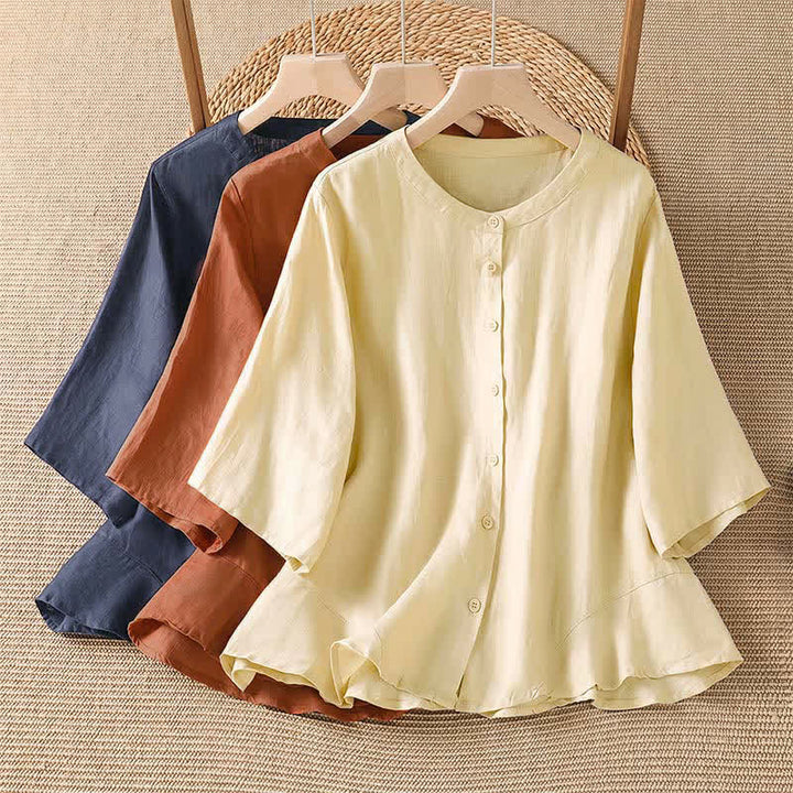 Buddha Stones Camisas de manga tres cuartos lisas, estilo casual de verano, con botones y diseño minimalista para mujer. - image 12