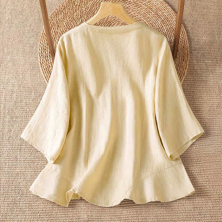 Buddha Stones Camisas de manga tres cuartos lisas, estilo casual de verano, con botones y diseño minimalista para mujer. - image 7