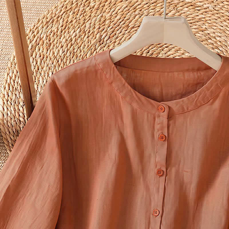 Buddha Stones Camisas de manga tres cuartos lisas, estilo casual de verano, con botones y diseño minimalista para mujer. - image 2