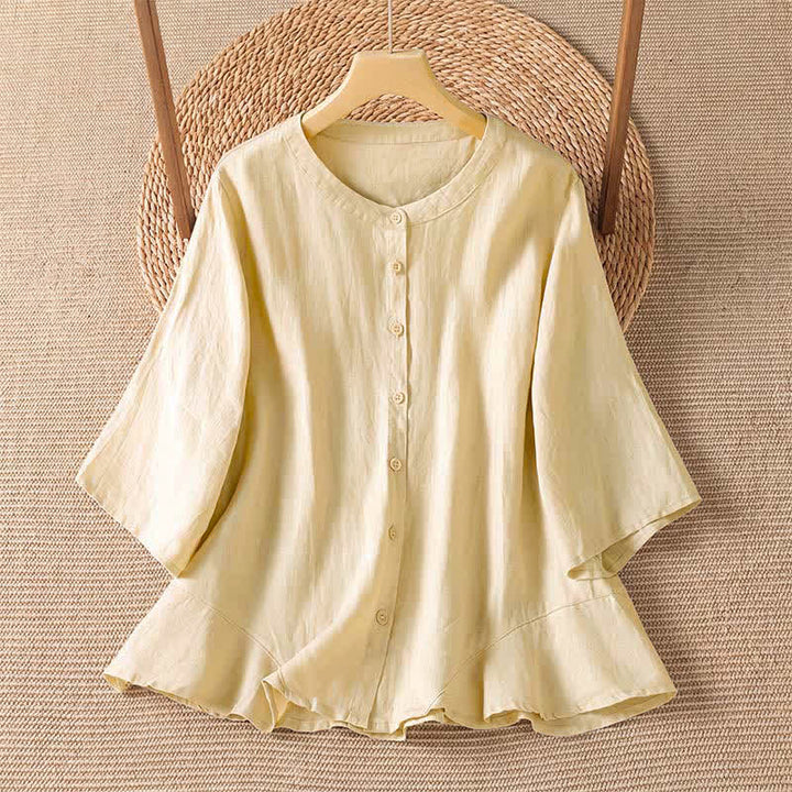 Buddha Stones Camisas de manga tres cuartos lisas, estilo casual de verano, con botones y diseño minimalista para mujer. - Beige - US8-10, UK/AU12-14, EU40-42 (2XL) - image 6