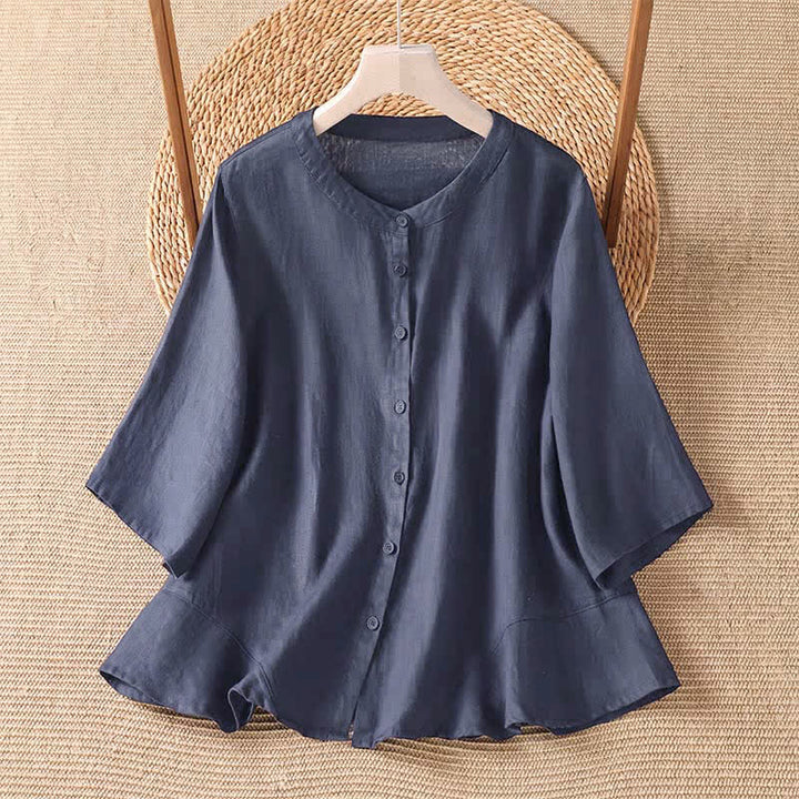 Buddha Stones Camisas de manga tres cuartos lisas, estilo casual de verano, con botones y diseño minimalista para mujer. - Azul medianoche - US8-10, UK/AU12-14, EU40-42 (2XL) - image 3
