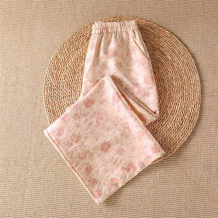 Buddha Stones Pantalones largos informales de estilo bohemio con estampado floral rosa para mujer, de pierna ancha y con bolsillos, ideales para primavera y verano. - image 2