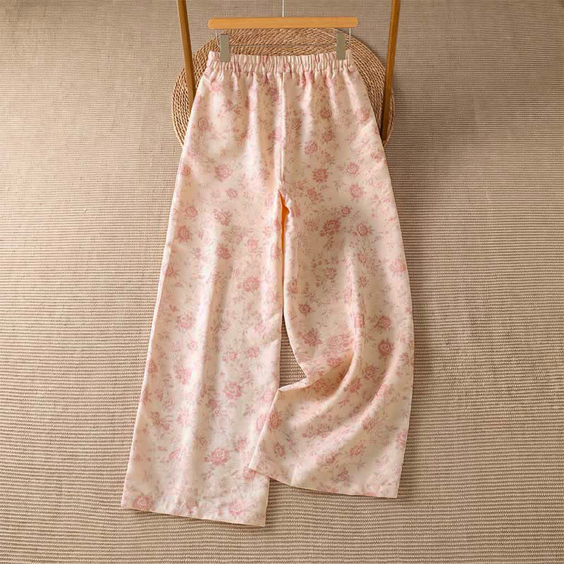 Buddha Stones Pantalones largos informales de estilo bohemio con estampado floral rosa para mujer, de pierna ancha y con bolsillos, ideales para primavera y verano. - image 1