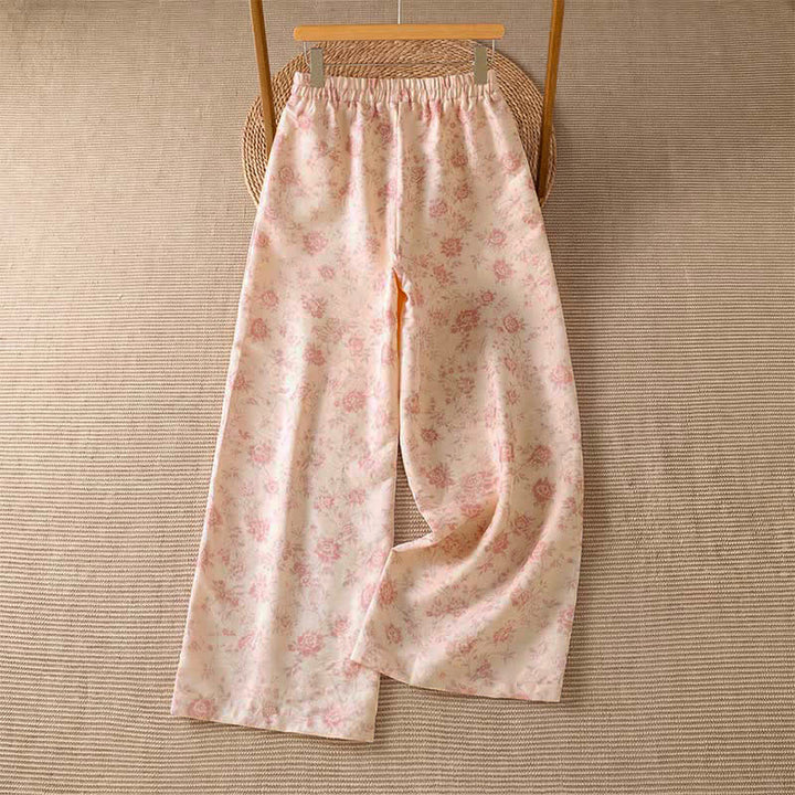 Buddha Stones Pantalones largos informales de estilo bohemio con estampado floral rosa para mujer, de pierna ancha y con bolsillos, ideales para primavera y verano. - image 1
