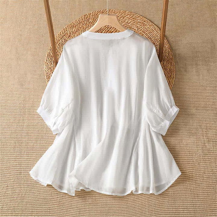 Buddha Stones Camisa de manga corta para mujer, estilo bohemio casual de verano, con botones, cordón ajustable y bajo acampanado. - image 8