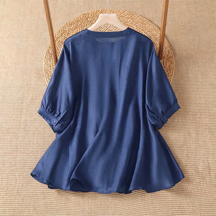 Buddha Stones Camisa de manga corta para mujer, estilo bohemio casual de verano, con botones, cordón ajustable y bajo acampanado. - image 1