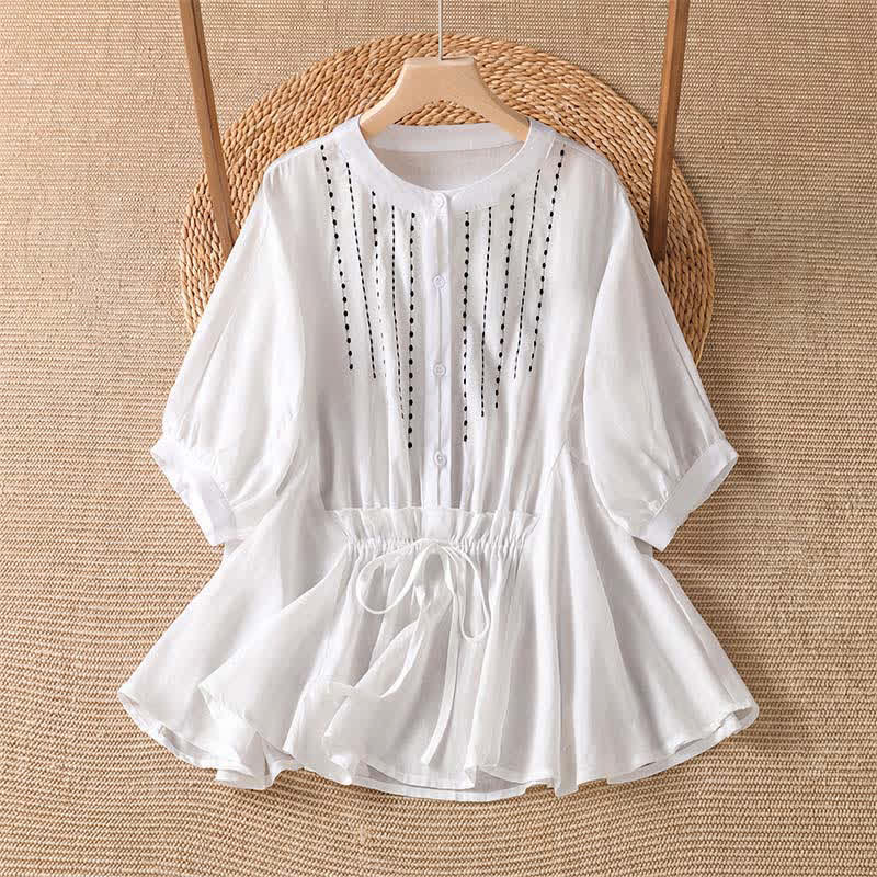 Buddha Stones Camisa de manga corta para mujer, estilo bohemio casual de verano, con botones, cordón ajustable y bajo acampanado. - Blanco - US8-10, UK/AU12-14, EU40-42 (2XL) - image 7