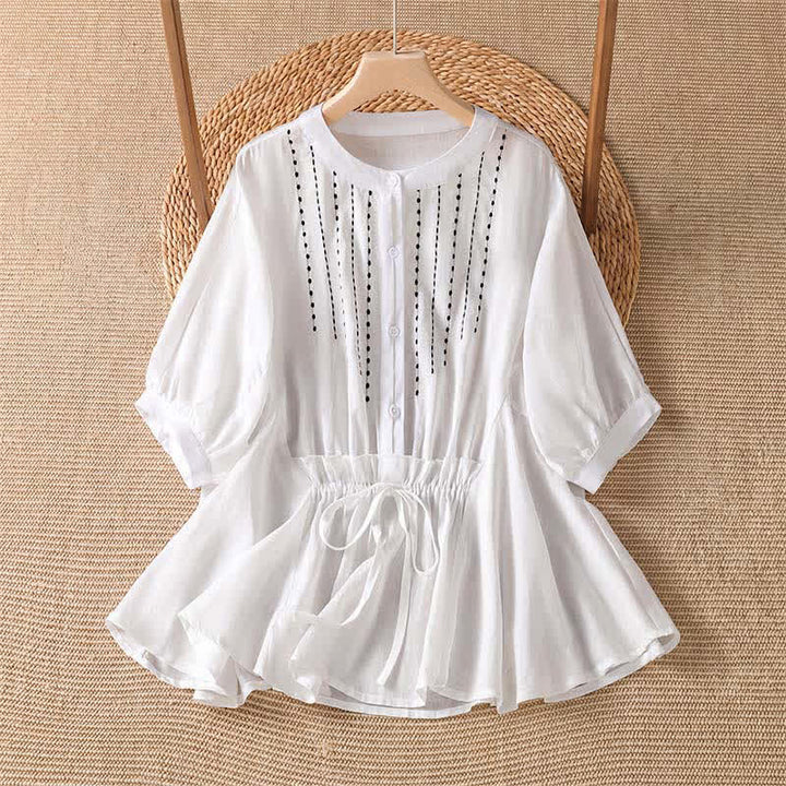 Buddha Stones Camisa de manga corta para mujer, estilo bohemio casual de verano, con botones, cordón ajustable y bajo acampanado. - Blanco - US8-10, UK/AU12-14, EU40-42 (2XL) - image 7