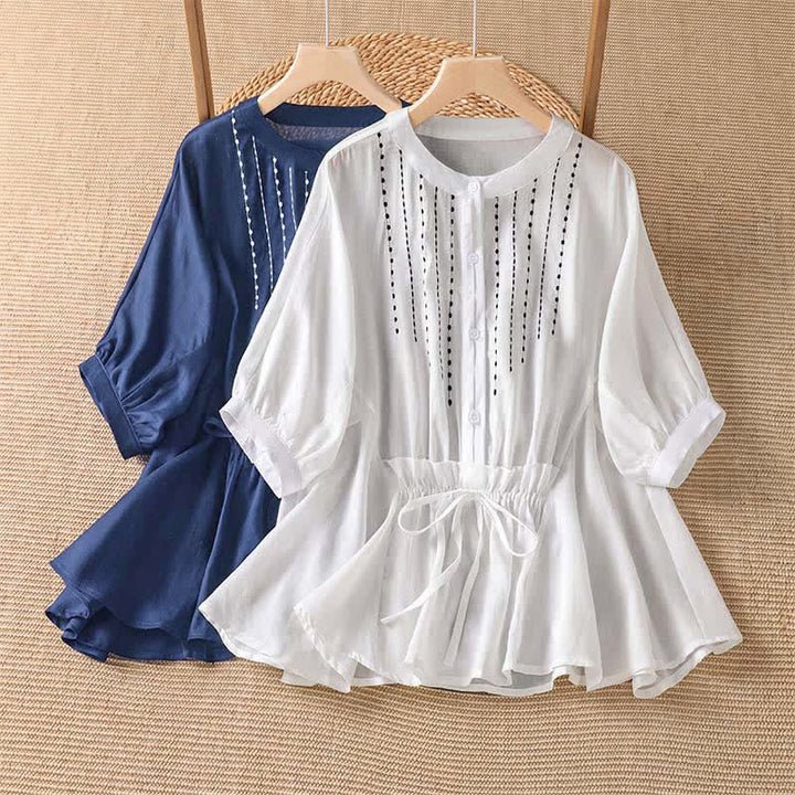 Buddha Stones Camisa de manga corta para mujer, estilo bohemio casual de verano, con botones, cordón ajustable y bajo acampanado. - image 12