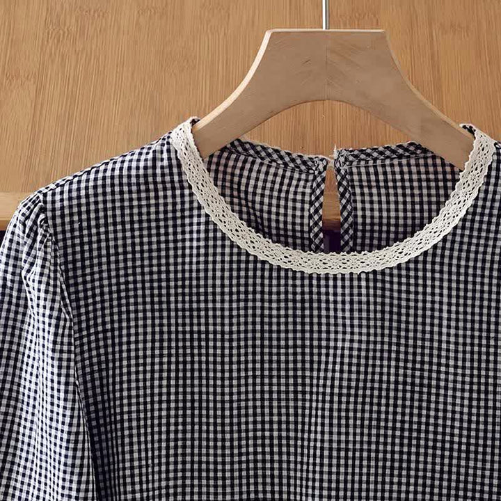 Buddha Stones Camiseta de manga larga para mujer, estilo vintage elegante a cuadros con ribete de encaje, ideal para primavera y otoño. - image 5
