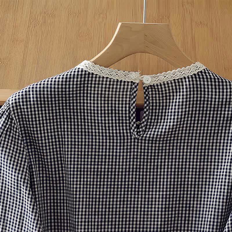 Buddha Stones Camiseta de manga larga para mujer, estilo vintage elegante a cuadros con ribete de encaje, ideal para primavera y otoño. - image 4