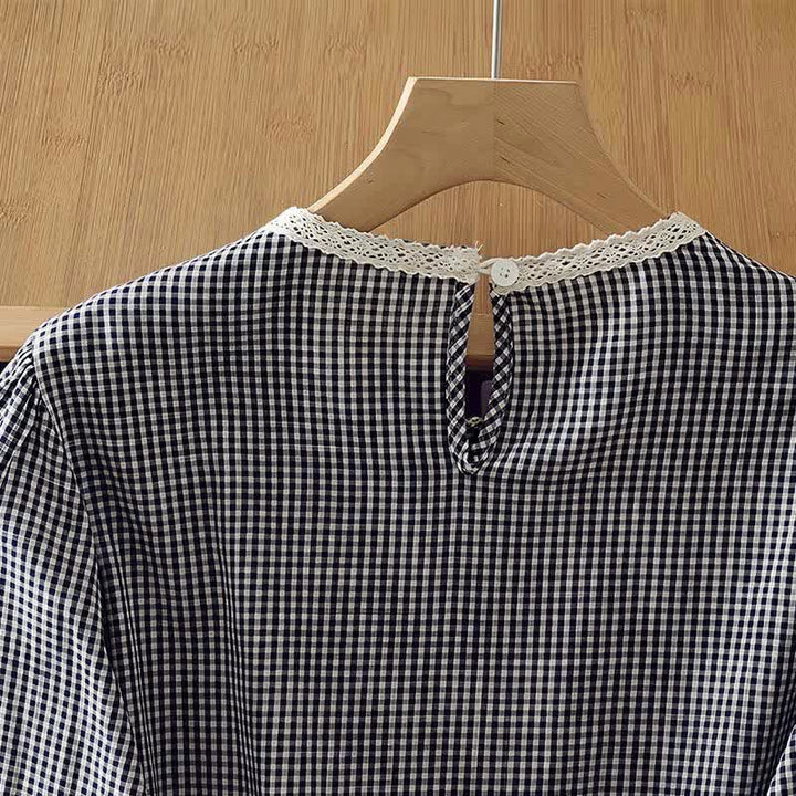 Buddha Stones Camiseta de manga larga para mujer, estilo vintage elegante a cuadros con ribete de encaje, ideal para primavera y otoño. - image 4