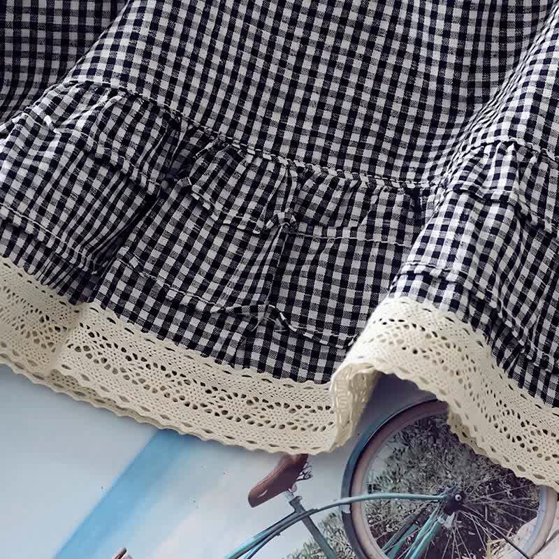 Buddha Stones Camiseta de manga larga para mujer, estilo vintage elegante a cuadros con ribete de encaje, ideal para primavera y otoño. - image 7