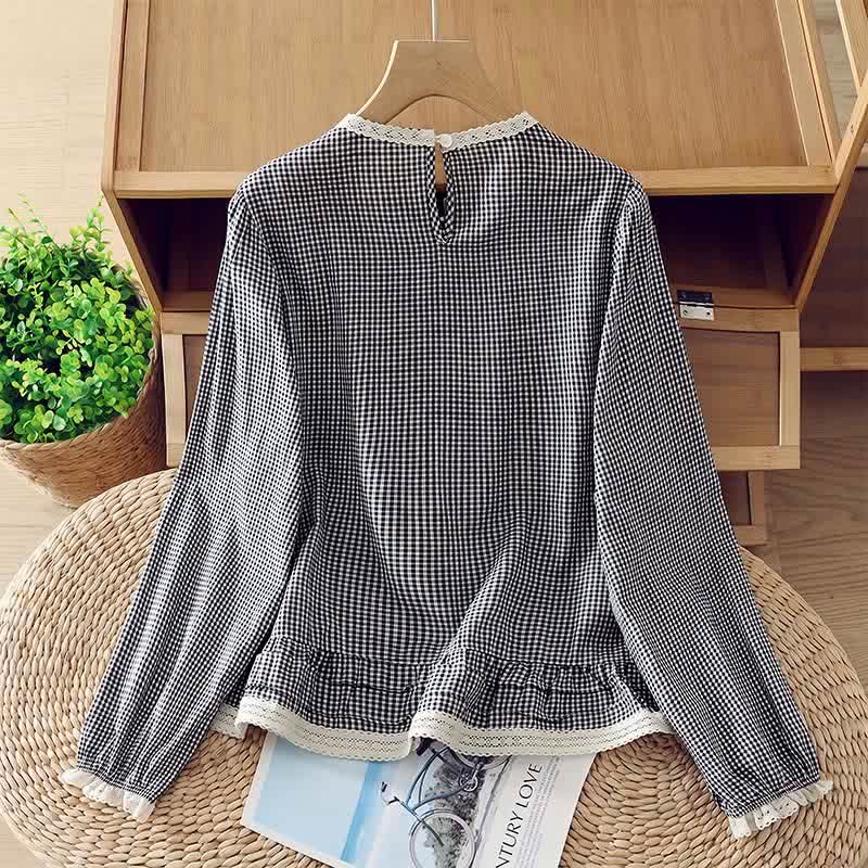 Buddha Stones Camiseta de manga larga para mujer, estilo vintage elegante a cuadros con ribete de encaje, ideal para primavera y otoño. - image 1