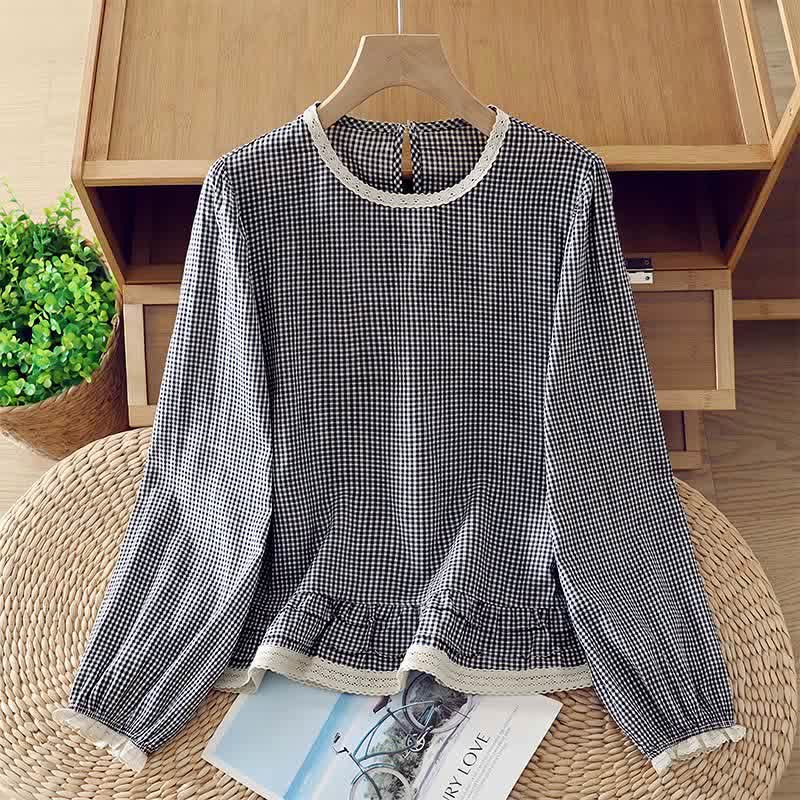 Buddha Stones Camiseta de manga larga para mujer, estilo vintage elegante a cuadros con ribete de encaje, ideal para primavera y otoño. - Azul acero - US8-10, UK/AU12-14, EU40-42 (2XL) - image 0