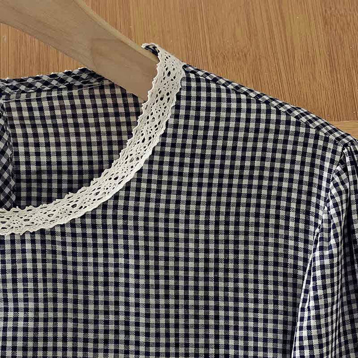 Buddha Stones Camiseta de manga larga para mujer, estilo vintage elegante a cuadros con ribete de encaje, ideal para primavera y otoño. - image 6