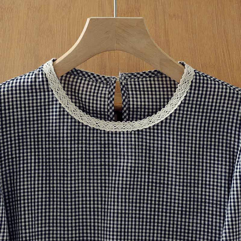 Buddha Stones Camiseta de manga larga para mujer, estilo vintage elegante a cuadros con ribete de encaje, ideal para primavera y otoño. - image 3