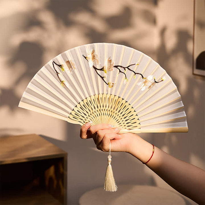 Buddha Stones Abanico plegable elegante de bambú con estampado floral de magnolia beige, 21 cm - Magnolia (Tamaño cerrada: Aprox. 21 cm / 8,3 pulgadas) - image 0
