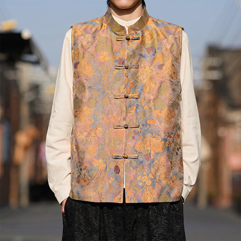 Buddha Stones Chalecos de hombre con cuello mandarín estilo vintage, botones de rana y estampado floral, con bolsillos, ideales para primavera, verano y otoño. - BurlyWood - US/UK/AU46, EU56 (5XL) - image 0