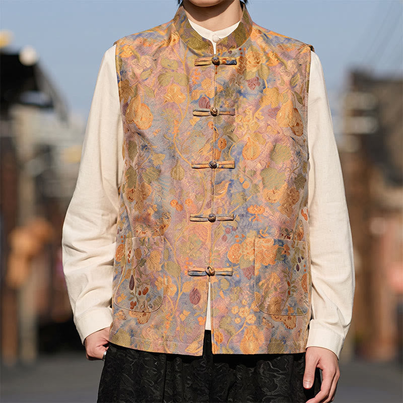 Buddha Stones Chalecos de hombre con cuello mandarín estilo vintage, botones de rana y estampado floral, con bolsillos, ideales para primavera, verano y otoño. - image 1