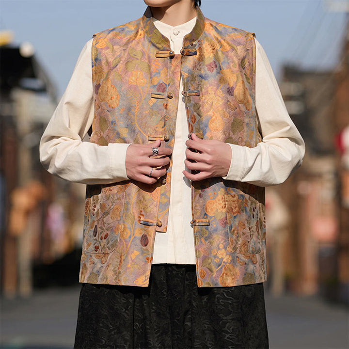 Buddha Stones Chalecos de hombre con cuello mandarín estilo vintage, botones de rana y estampado floral, con bolsillos, ideales para primavera, verano y otoño. - image 6