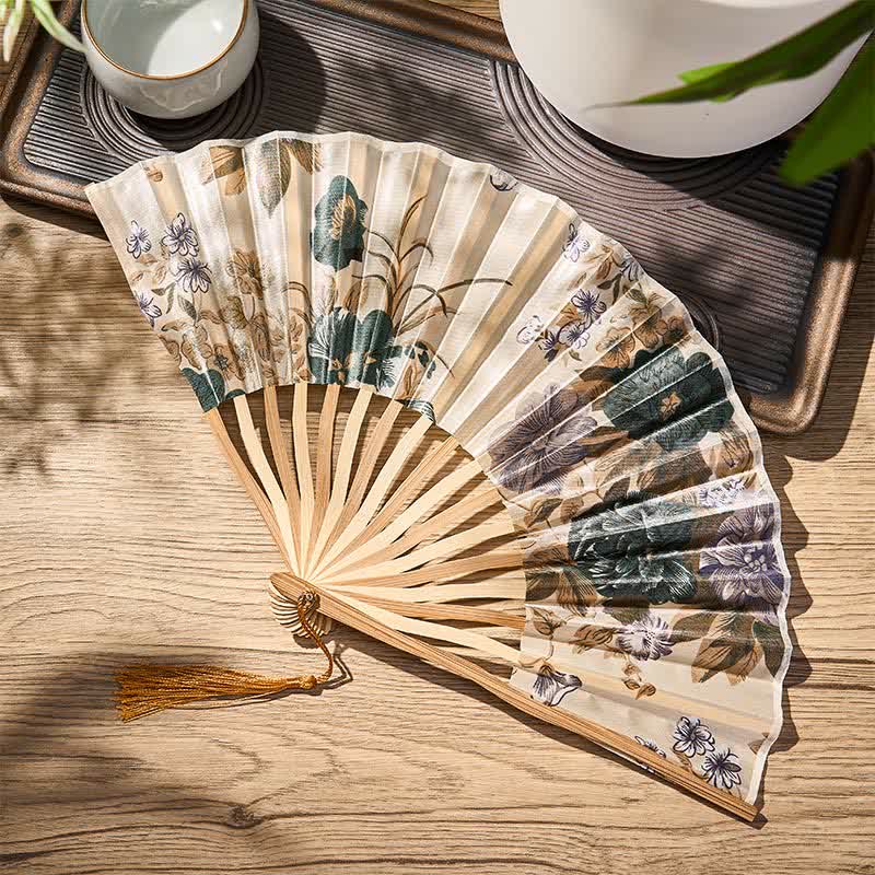 Buddha Stones Elegante abanico plegable de bambú estilo chino con borla y estampado floral, 21 cm. - image 14