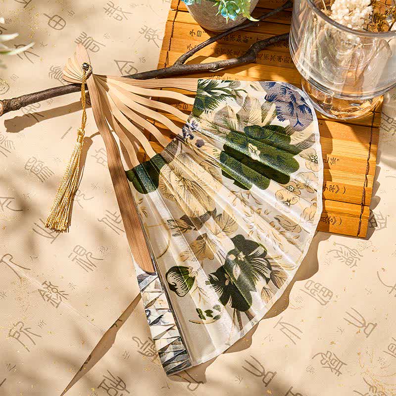 Buddha Stones Elegante abanico plegable de bambú estilo chino con borla y estampado floral, 21 cm. - image 3