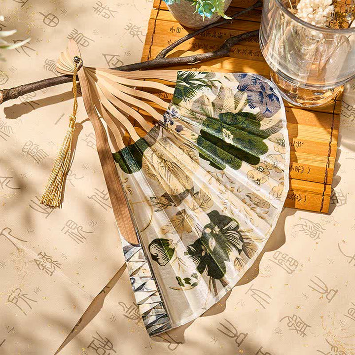 Buddha Stones Elegante abanico plegable de bambú estilo chino con borla y estampado floral, 21 cm. - image 3