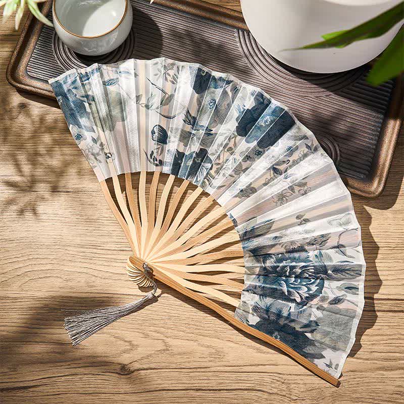 Buddha Stones Elegante abanico plegable de bambú estilo chino con borla y estampado floral, 21 cm. - image 22