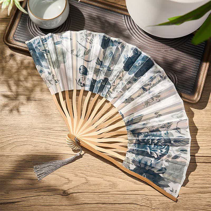 Buddha Stones Elegante abanico plegable de bambú estilo chino con borla y estampado floral, 21 cm. - image 22
