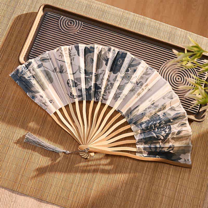 Buddha Stones Elegante abanico plegable de bambú estilo chino con borla y estampado floral, 21 cm. - image 20