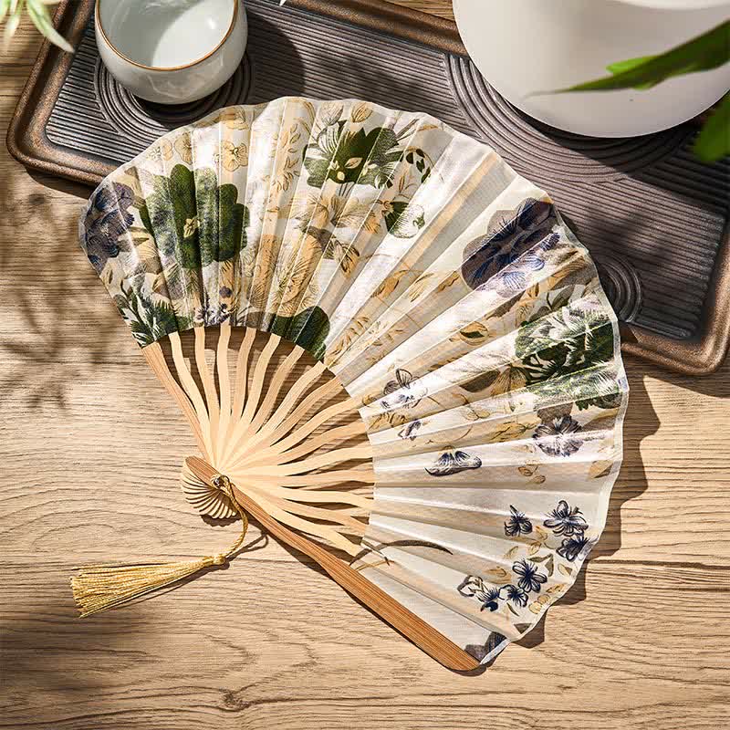 Buddha Stones Elegante abanico plegable de bambú estilo chino con borla y estampado floral, 21 cm. - image 1