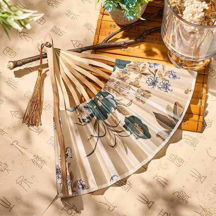 Buddha Stones Elegante abanico plegable de bambú estilo chino con borla y estampado floral, 21 cm. - image 16