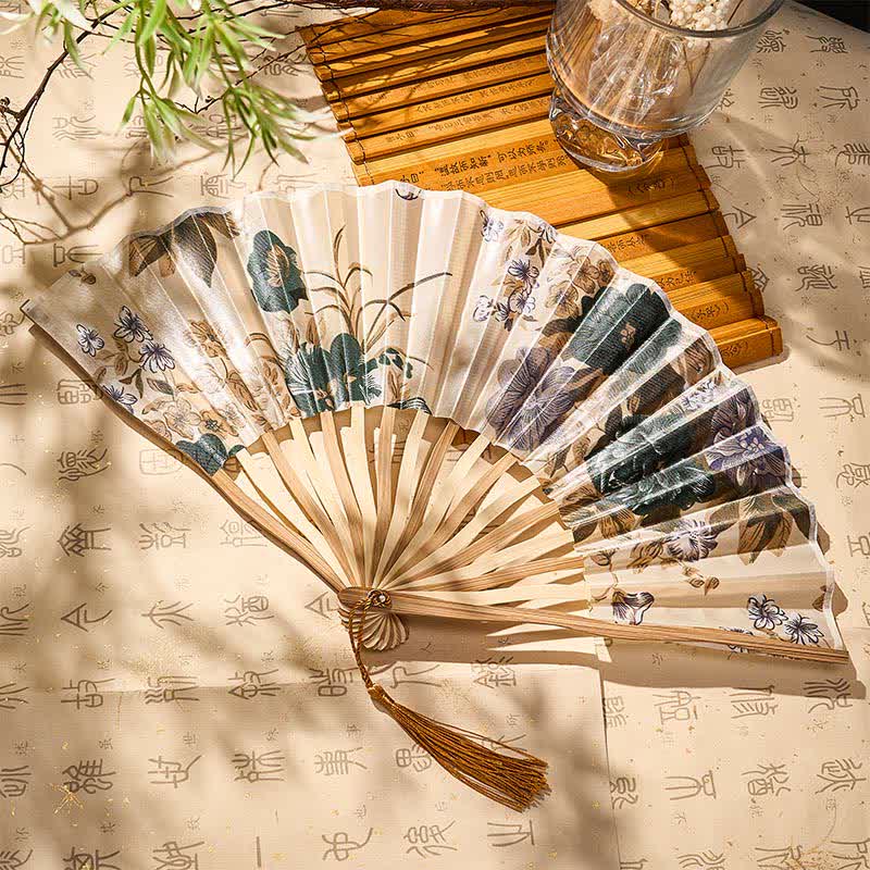 Buddha Stones Elegante abanico plegable de bambú estilo chino con borla y estampado floral, 21 cm. - image 18