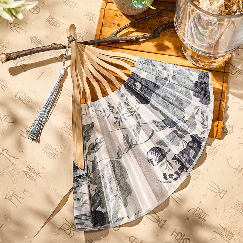 Buddha Stones Elegante abanico plegable de bambú estilo chino con borla y estampado floral, 21 cm. - image 10