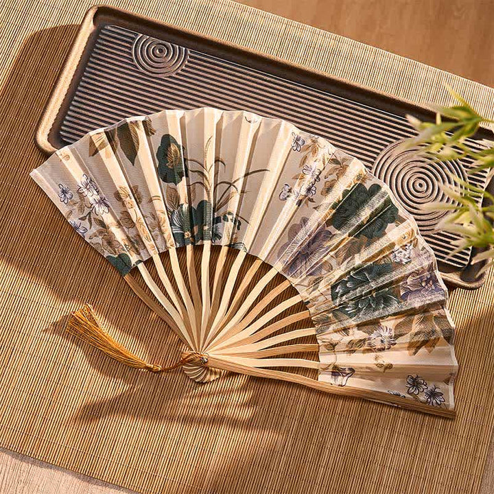 Buddha Stones Elegante abanico plegable de bambú estilo chino con borla y estampado floral, 21 cm. - image 17