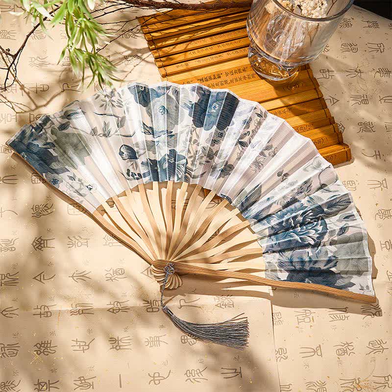 Buddha Stones Elegante abanico plegable de bambú estilo chino con borla y estampado floral, 21 cm. - image 24
