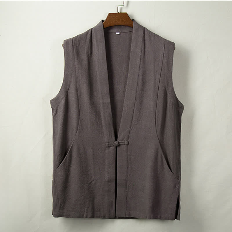 Buddha Stones Chalecos minimalistas de algodón y lino para hombre, estilo Tang, con botones de rana, para primavera, verano y otoño, con bolsillo. - Gris oscuro - US/UK/AU44, EU54 (4XL) - image 0