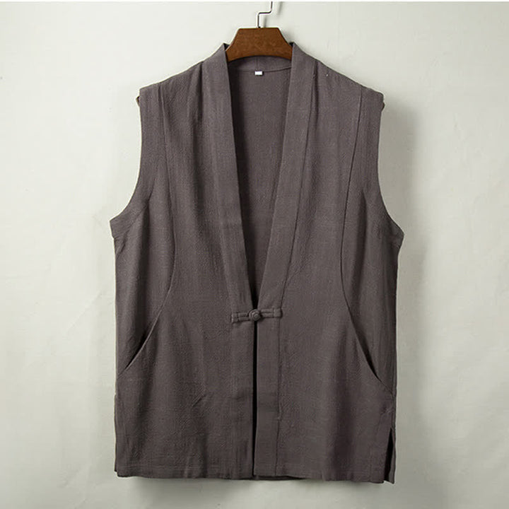 Buddha Stones Chalecos minimalistas de algodón y lino para hombre, estilo Tang, con botones de rana, para primavera, verano y otoño, con bolsillo. - Gris oscuro - US/UK/AU44, EU54 (4XL) - image 0