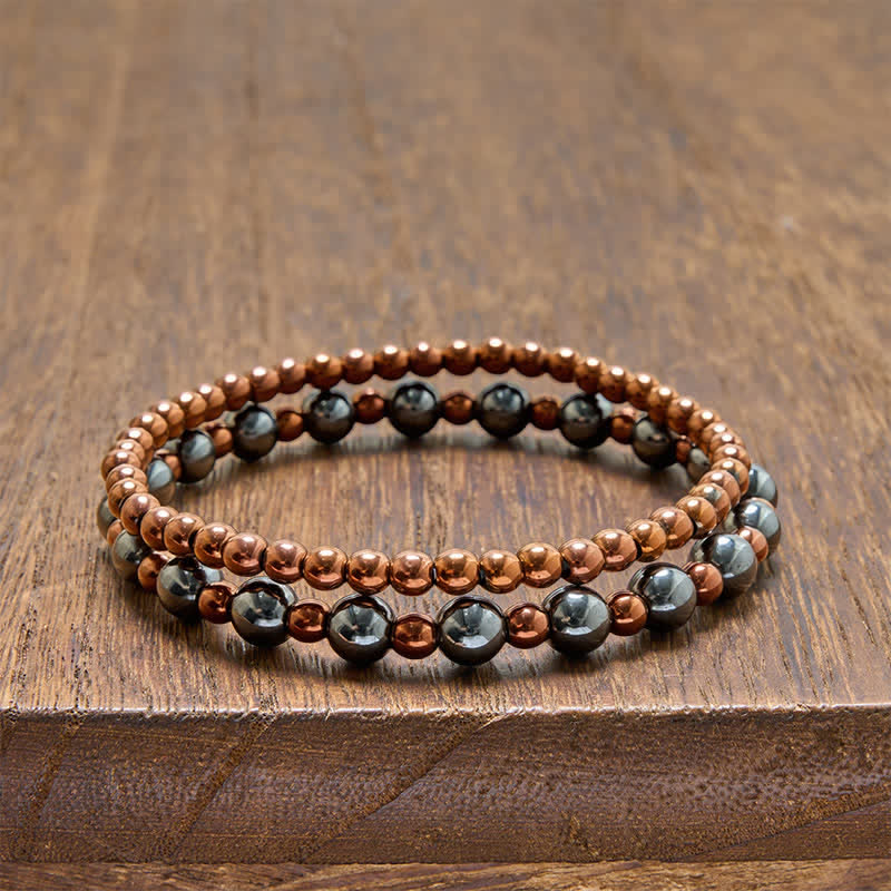 Buddha Stones Conjunto de 2 piezas de pulsera minimalista de cuentas redondas con hematita para conexión a tierra. - Conjunto de 2 piezas (circunferencia de la muñeca: 14-15 cm) - image 0