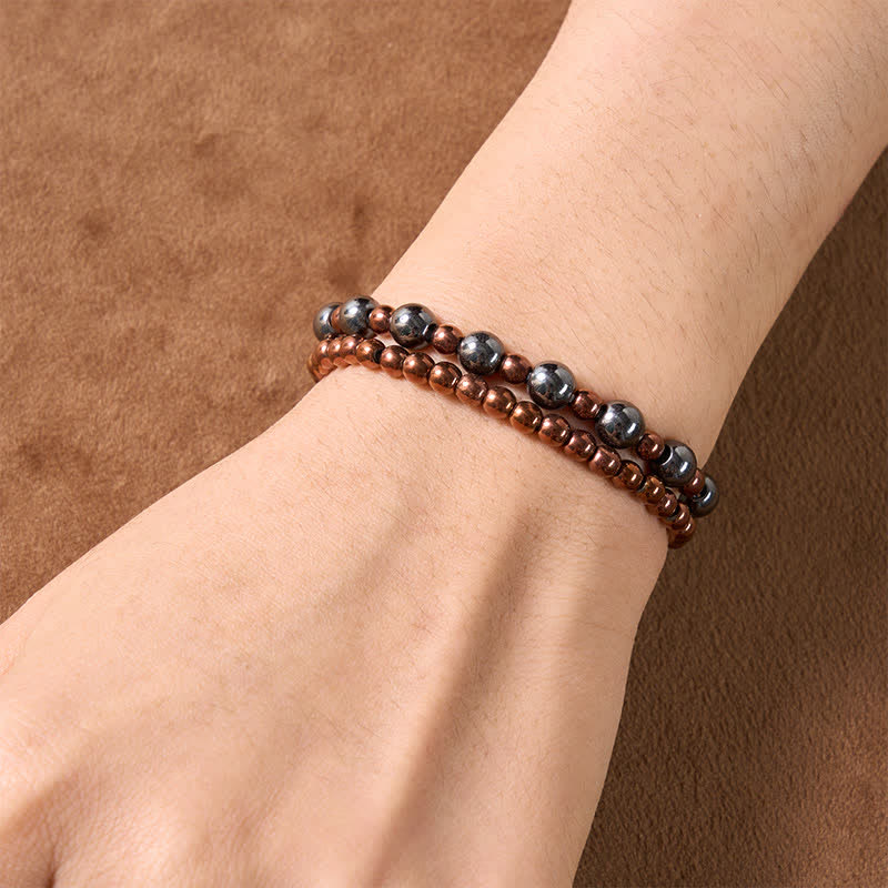 Buddha Stones Conjunto de 2 piezas de pulsera minimalista de cuentas redondas con hematita para conexión a tierra. - image 4